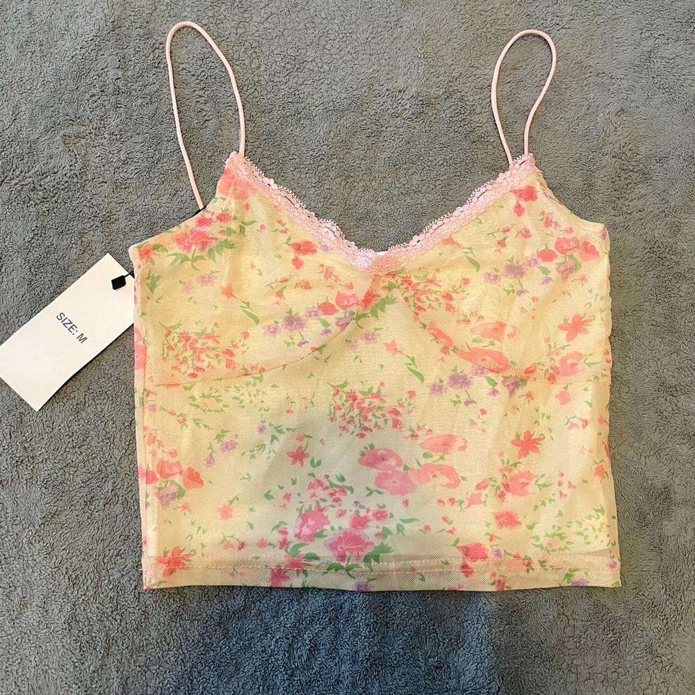 NWT Floral Lace Trim Camisole - Pink and Butter Yellow. Crop Top